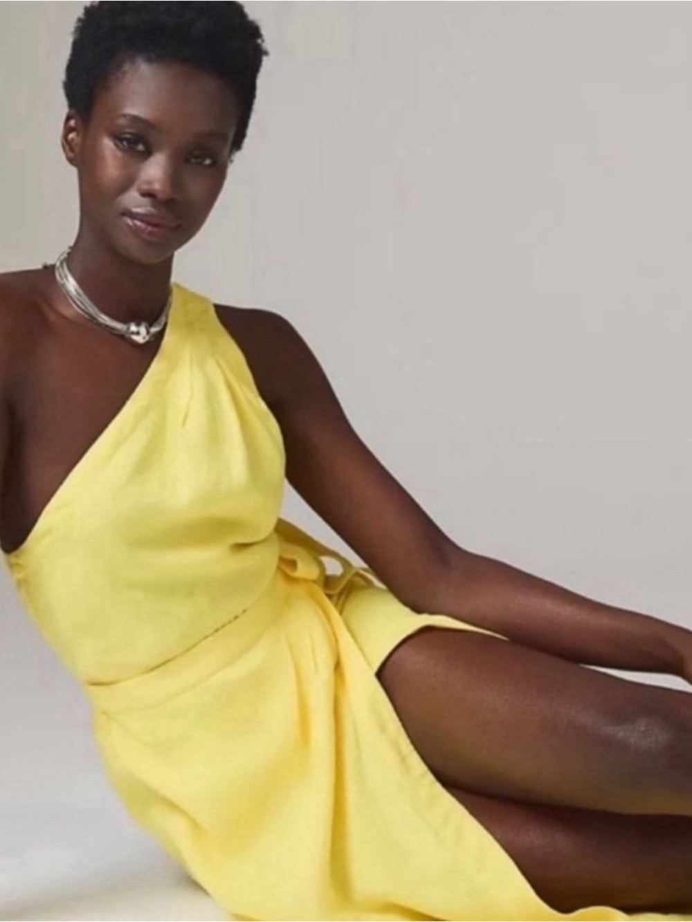 Anthropologie One-Shoulder Tie-Waist Dress in Yellow